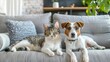 © venusvi - Playful dog and cat pair in front of a welcoming sofa in a modern home