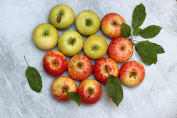 Fresh red and yellow apples with leaves on grey background, top view