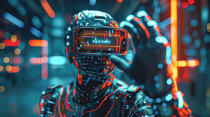 Poster - A man in a futuristic suit is wearing a virtual reality headset