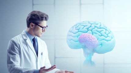 Poster - Researcher with glasses and lab coat focused on brain model in scientific lab copy space clean background