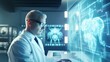 © venusvi - Scientist in lab coat and glasses examining brain scan in research lab with high-tech equipment copy space bright lighting