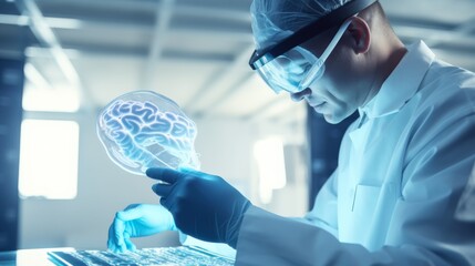 Poster - Scientist in glasses and gloves working with brain scans on digital tablet in lab copy space bright and clear