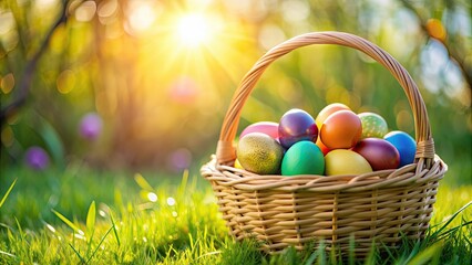 Wall Mural - Colorful Easter eggs in a wicker basket on a grassy background, Easter, holiday, celebration, tradition, decoration, pastel