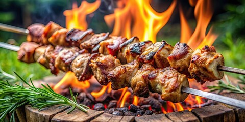 Poster - Traditional Russian skewered meat dish cooked over an open flame , Shashlik, barbecue, grill, kebab