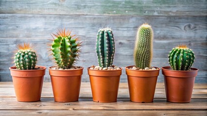 Poster - of five cactus plants in pots, cactus, succulent, plant, potted, desert, green, prickly, spiky, decorative, houseplant, botanical