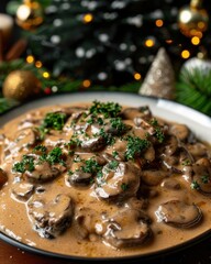 Close-up of creamy mushroom stew garnished with fresh herbs, perfect comfort food for a festive holiday meal with a Christmas backdrop.