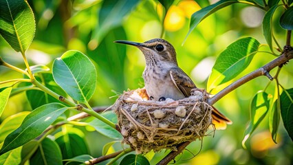 Sticker - Hummingbird nest in tree surrounded by green leaves, Hummingbird, Nest, Tree, Green, Leaves, Wildlife, Nature, Ornithology