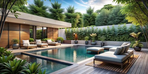 Wall Mural - Modern outdoor pool area with contemporary furniture, surrounded by lush garden with plants and trees , outdoor, pool, area