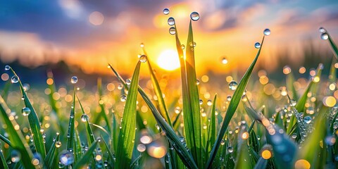 Canvas Print - Morning dew drops on grass, sunrise, dew drops, grass, morning, nature, sunlight, sunrise, green, tranquil, peaceful, serenity