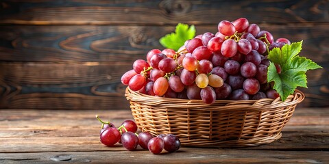 Poster - Red grapes in a rustic woven basket, red grapes, fruit, berry, basket, organic, fresh, harvest, natural, healthy, vineyard