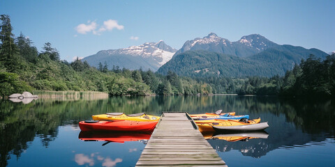 Wall Mural - Scenic Riverside Reflections with Vibrant Kayaks and Majestic Mountain Views, Perfect for Nature Enthusiasts and Outdoor Adventure