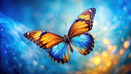 Poster - Vibrant butterfly flying gracefully in the air with blue, yellow, and orange wings, butterfly, beautiful, wings, colorful