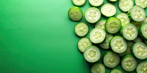 Poster - Sliced fresh raw cucumbers at vivid green background with hard shadow, cucumbers, sliced, fresh, raw, green, background