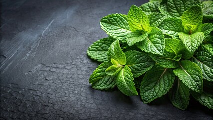 Poster - Fresh mint leaves on a sleek black background, mint, leaves, freshness, herb, culinary, aroma, organic, natural