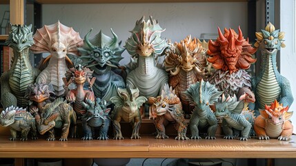 Canvas Print - A collection of dragon figurines displayed on a table.