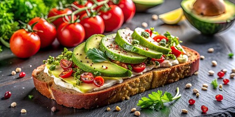 Poster - Delicious avocado toast topped with fresh ingredients, perfect for food photography, avocado, toast, breakfast