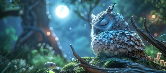 Wall Mural - Sleeping Owl in a Magical Forest