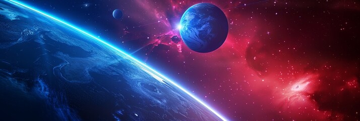 Wall Mural - blue planet with atmosphere and continents, a smaller planet, and red nebula in space