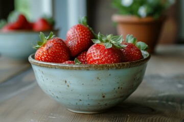 Sticker - Vibrant red strawberries in a rustic bowl, with a blurred background, showcasing organic freshness