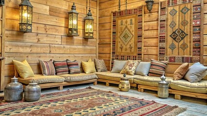 Traditional Arabic-inspired cozy furniture setup with stack of pillow cushions and carpets, lanterns, and wooden walls