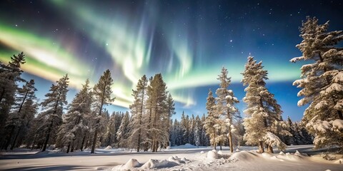 Canvas Print - Mesmerizing view of the Northern Lights dancing over a snowy pine forest, Northern Lights, Aurora Borealis