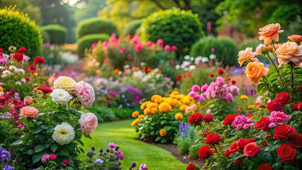 Poster - A beautiful garden filled with blooming roses and colorful flowers, roses, flowers, garden, blossom, petals, botanical