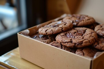 Wall Mural - Close-up of a box filled with homemade chocolate chip cookies on a wooden table