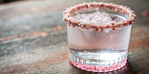 Sticker - Delicate glass of sparkling water with a sprinkle of pink salt on the rim , water, glass, drink, refreshment, bubbles, fizzy, salt