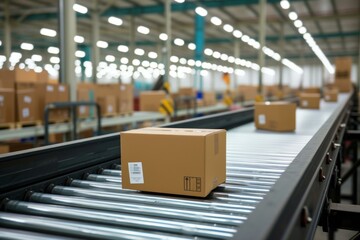 Sticker - Cardboard box on a conveyor belt in a distribution center with packages in background