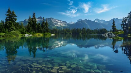 Wall Mural - Tranquil lake with crystal-clear water reflecting surrounding trees and mountains, providing a calming and peaceful scene. 