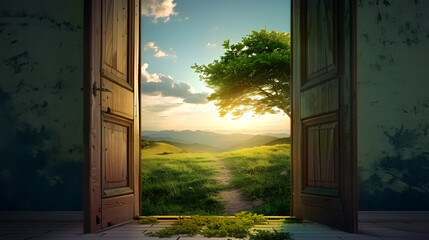 Poster - An open door showing the path to a new land.