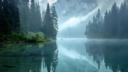 Wall Mural - Tranquil lake with crystal-clear water reflecting surrounding trees and mountains, providing a calming and peaceful scene. 