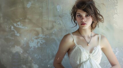 Canvas Print - Posing for a photo is a young lady wearing a white dress. Her hands are behind her back, and she has a necklace on. The image has a light and airy feel to it, with the white dress