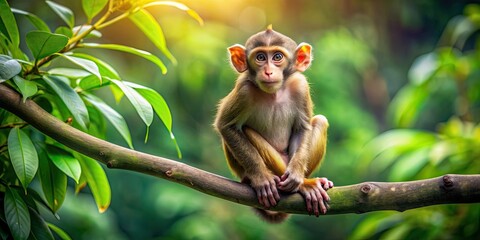 Canvas Print - Playful monkey sitting on a tree branch in a lush jungle, primate, animal, wildlife, jungle, adorable, cute, mammal, trees