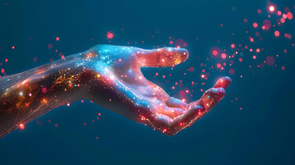Poster - A hand covered in glowing digital particles, showcasing advanced holographic technology and futuristic digital concepts in a dark background.