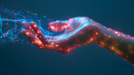 Poster - A hand covered in glowing digital particles, showcasing advanced holographic technology and futuristic digital concepts in a dark background.