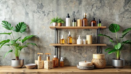 Canvas Print - Stylish natural skincare products and organic decor on wooden shelves against textured wall, natural, skincare