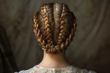 Close-up of a woman's head with a sophisticated, stylish braided hairdo