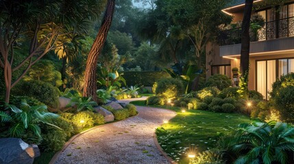 A beautifully lit winding garden path at night, surrounded by lush greenery, trees, and subtle lighting from garden lamps, creating a serene and inviting atmosphere.