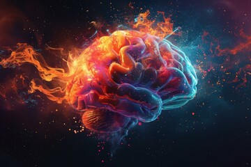 Poster - Vivid digital artwork of a human brain with fiery effects symbolizing creativity and intelligence
