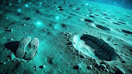 Poster - Astronaut footprints on turquoise moon surface, moon, astronaut, footprints, lunar, space, exploration, first steps