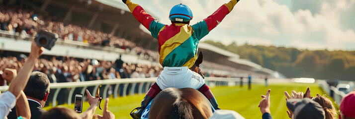 Wall Mural - A jockey in colorful silks raises their arms in victory while riding their horse, surrounded by cheering spectators at a horse race track