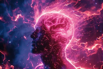 Poster - Digital art of a human silhouette with a glowing brain, symbolizing thought and creativity