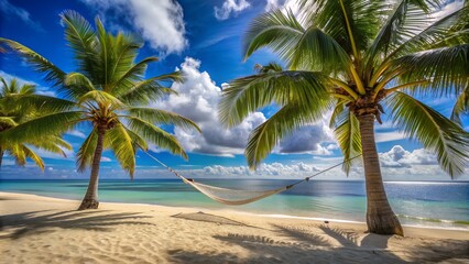 Wall Mural - a hammock strung between palm trees on a sandy beach