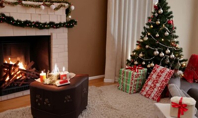 Canvas Print - A cozy living room with a Christmas tree and presents. Scene is warm and festive