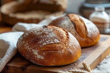 Poster - Freshly baked sourdough breads with a crisp crust, dusted with flour on a kitchen table setting