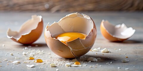 Sticker - Cracked eggshell with remnants of yolk and shell fragments, cracked, egg, broken, shell, fragments, food, white, close-up