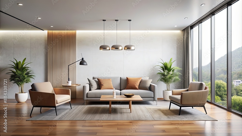 View of Modern style conceptual empty room with sleek furniture and minimalist ...