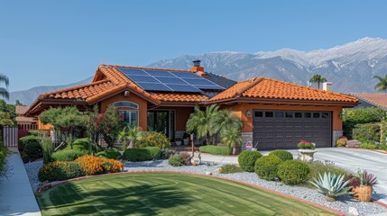 This image showcases a modern house with solar panels on its roof surrounded by a beautifully landscaped garden.