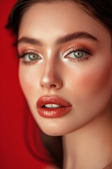 Wall Mural - Close-up portrait of a model showcasing bold makeup with a vibrant red background, highlighting the artistry of the cosmetics used, capturing a modern aesthetic in fashion photography